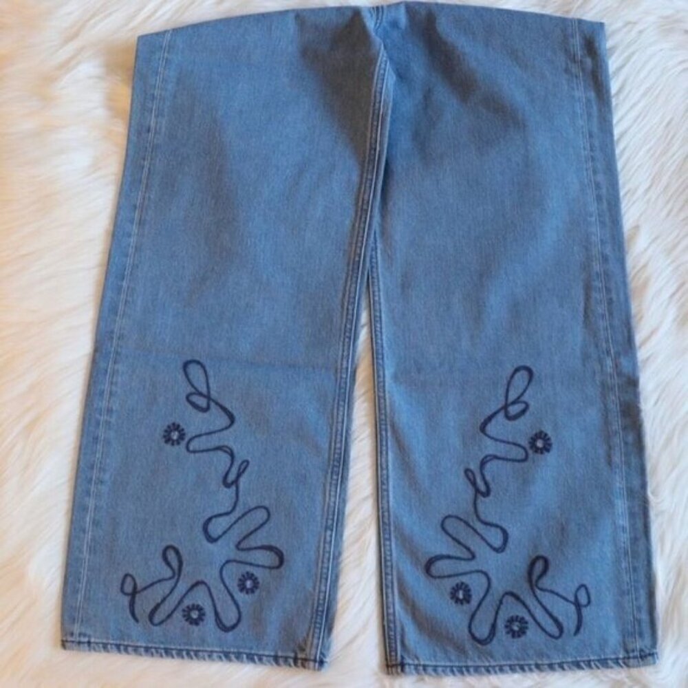 NWT Anthropologie M.i.H Embroidered Wide Leg Light Wash Cropped Jeans Size 24 - Picture 14 of 16